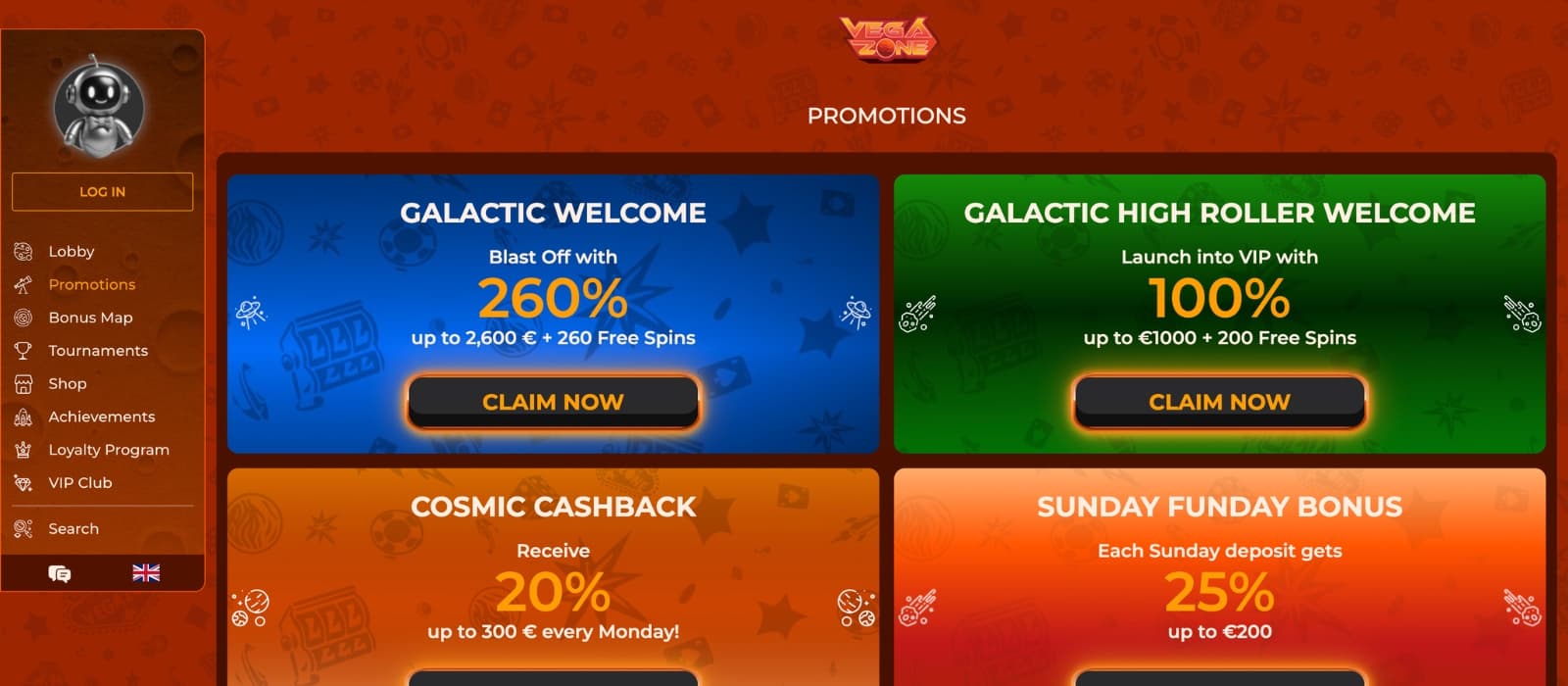 VegaZone Casino bonus page showing deposit offers and free spins promotions