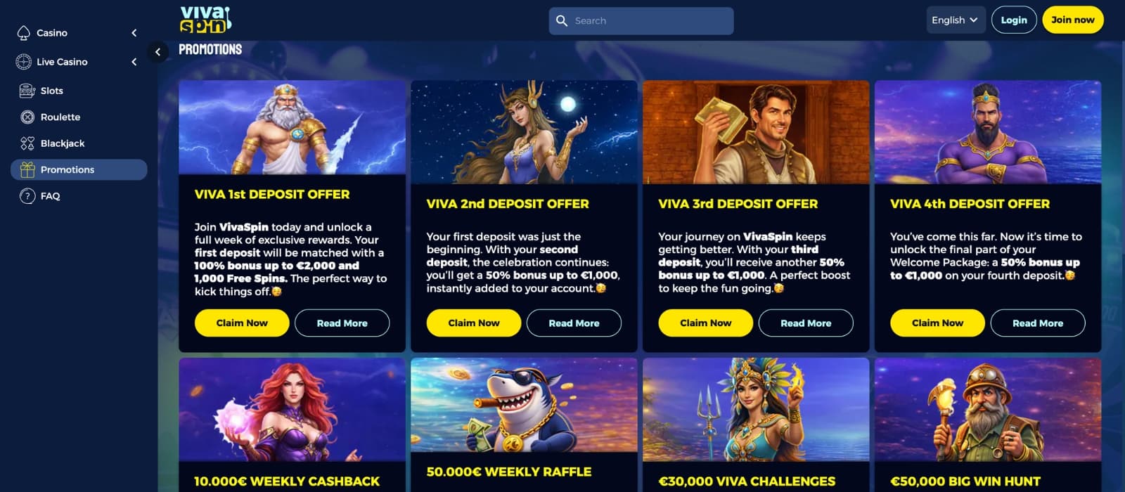 VivaSpin Casino bonus page displaying large welcome offer with free spins and cashback promotions