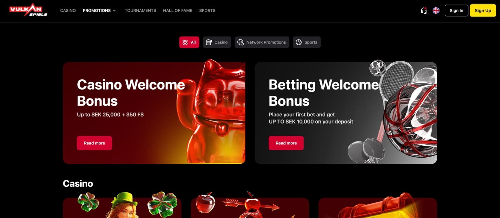 VulkanSpiele Casino bonus page displaying deposit match offer with free spins