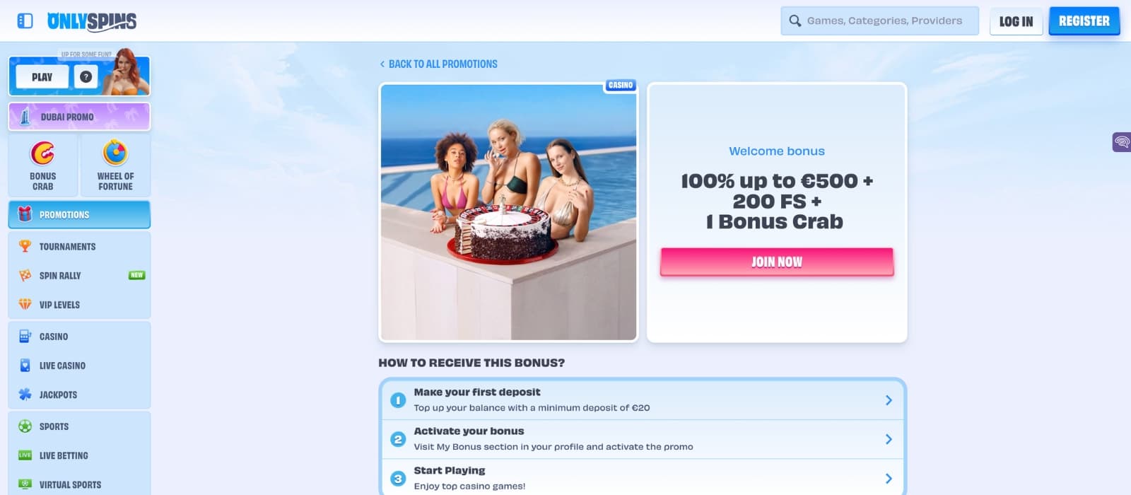 Promotions section on OnlySpins with deposit bonuses and reward terms