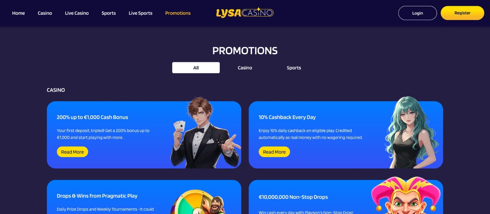 LysaCasino homepage showing welcome bonus banner, featured slots and promotional sections