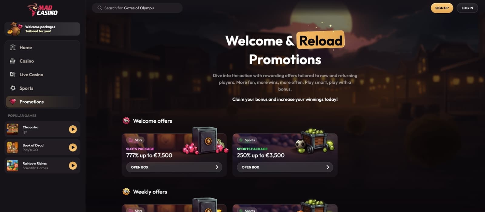 Mad Casino bonus page displaying multi-tier deposit match offers and free spins promotions