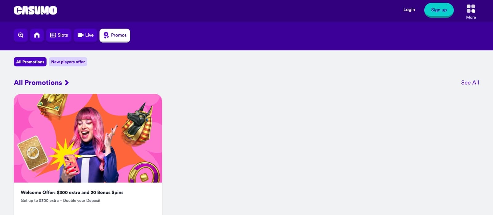 Casumo Casino promotions page displaying welcome bonus, free spins and Reel Races tournaments
