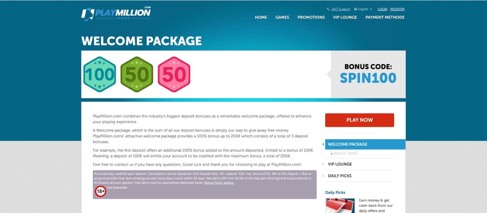 Promotions section on PlayMillion with deposit offers and ongoing deals