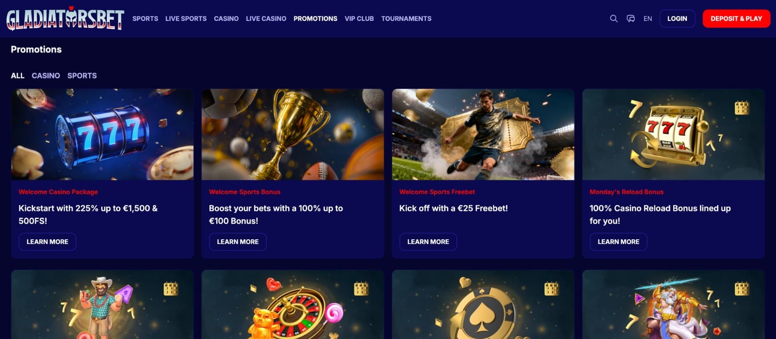 GladiatorsBet bonus page showing welcome offers for casino and sports betting