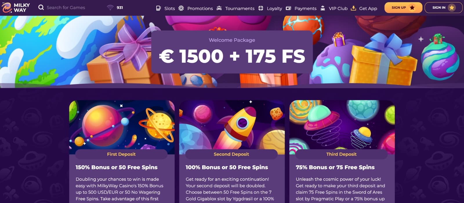 MilkyWay Casino homepage showing space-themed design, welcome bonus banner and navigation menu