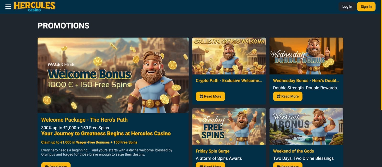 Hercules Casino bonus page showing multi-stage welcome offer with free spins and deposit match