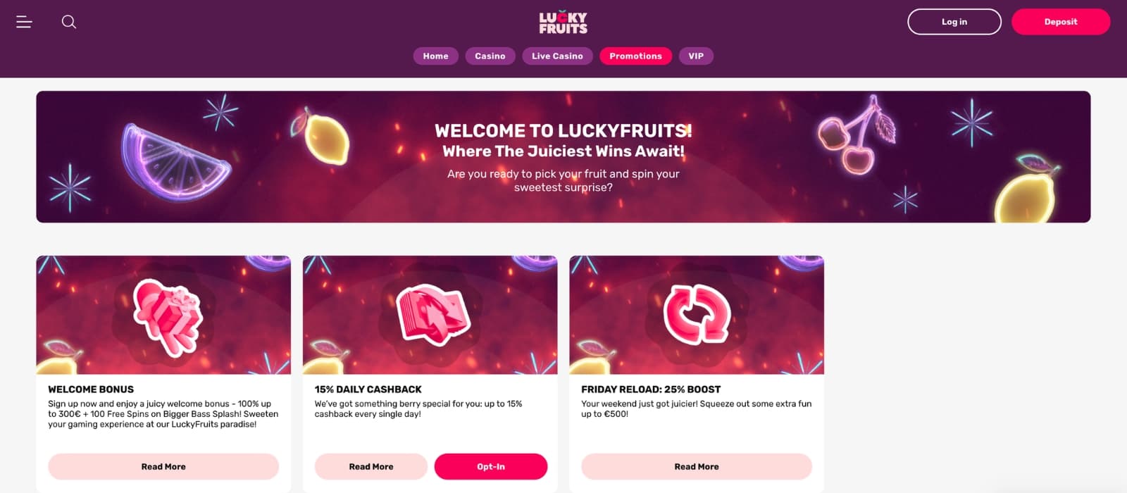 LuckyFruits Casino bonus page displaying deposit match offer, free spins and cashback promotion