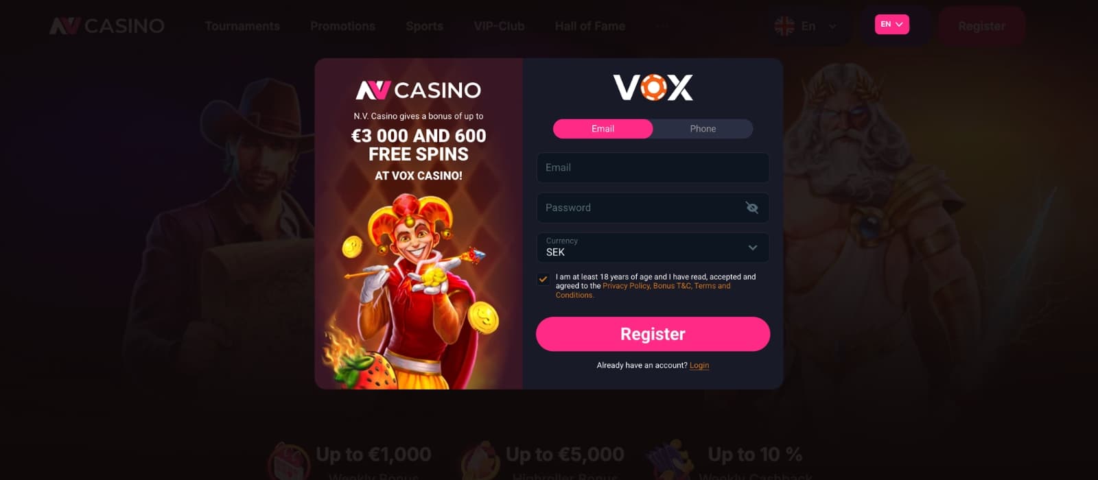 NV Casino bonus page displaying deposit match offer and free spins promotion