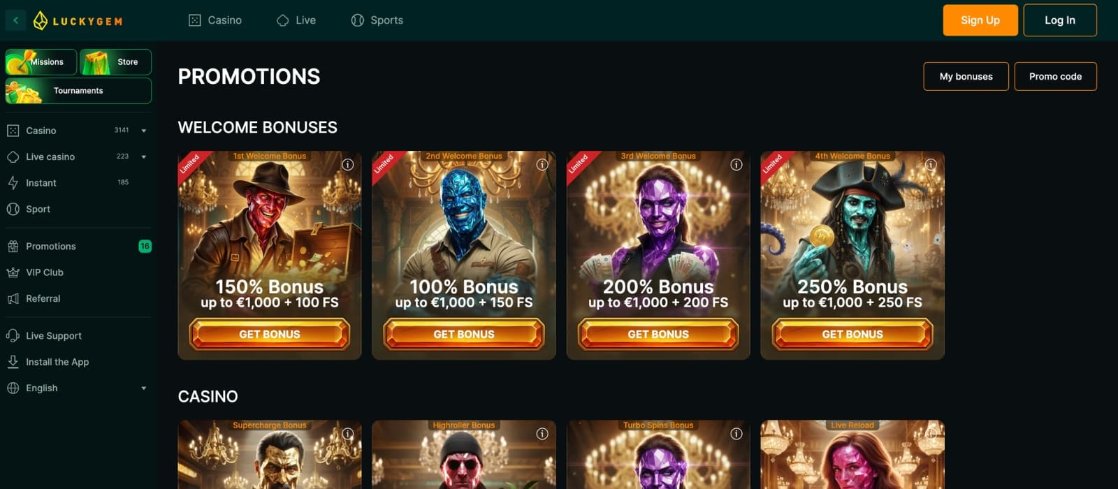 Overview of available promotions and free spins at LuckyGem