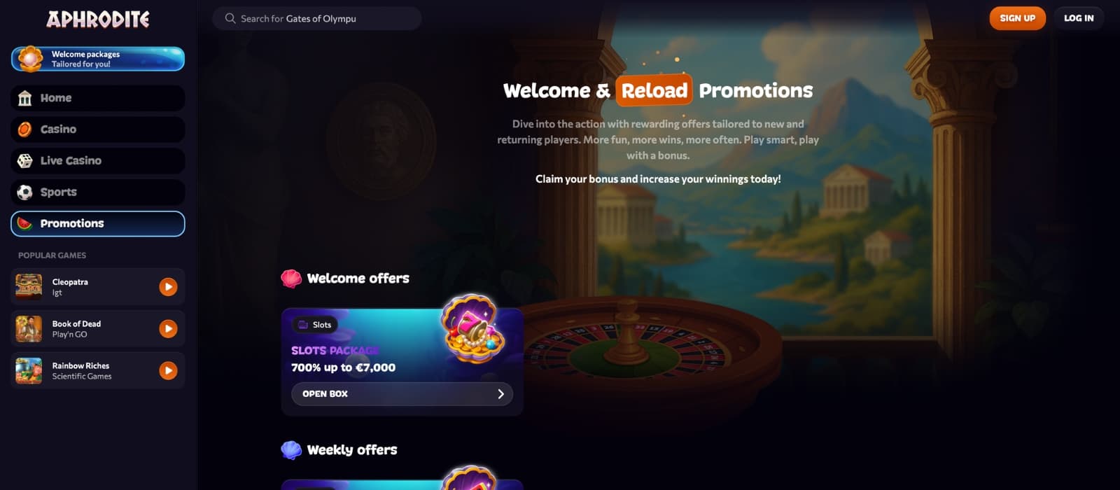 Aphrodite Casino bonus page displaying multi-deposit welcome package with percentage match and free spins