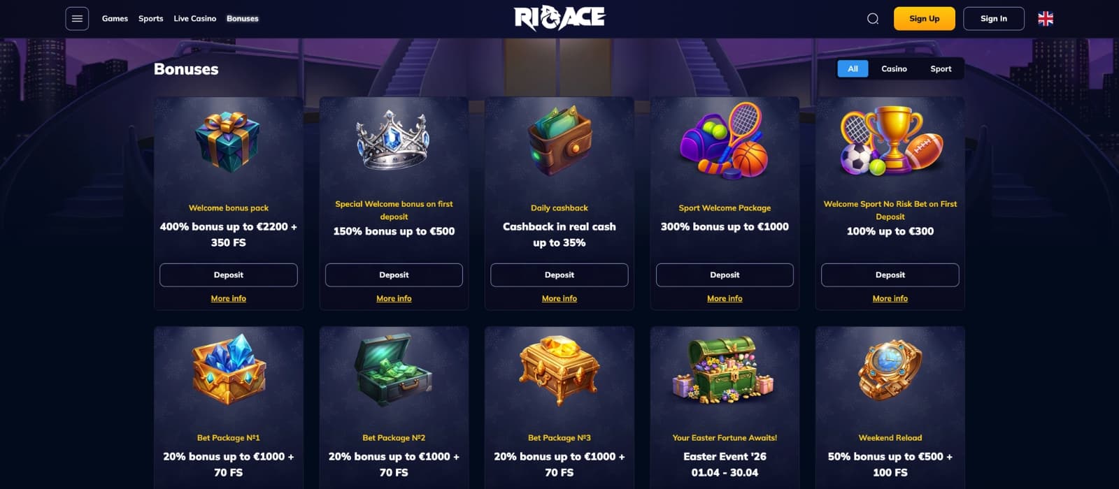 RioAce Casino promotions page displaying multi-step welcome bonus, free spins and VIP rewards