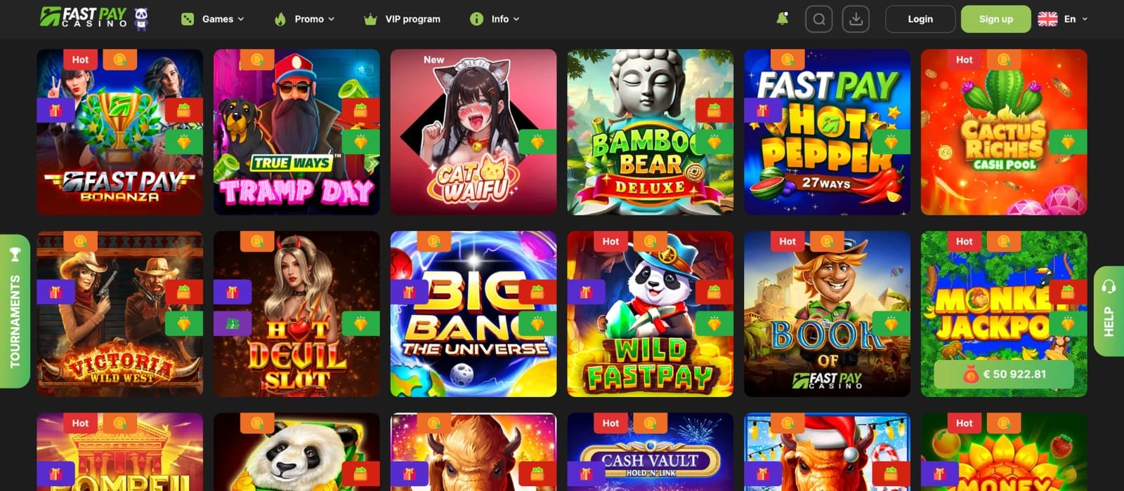 Fastbet casino game lobby displaying slots, live dealer, and table game thumbnails