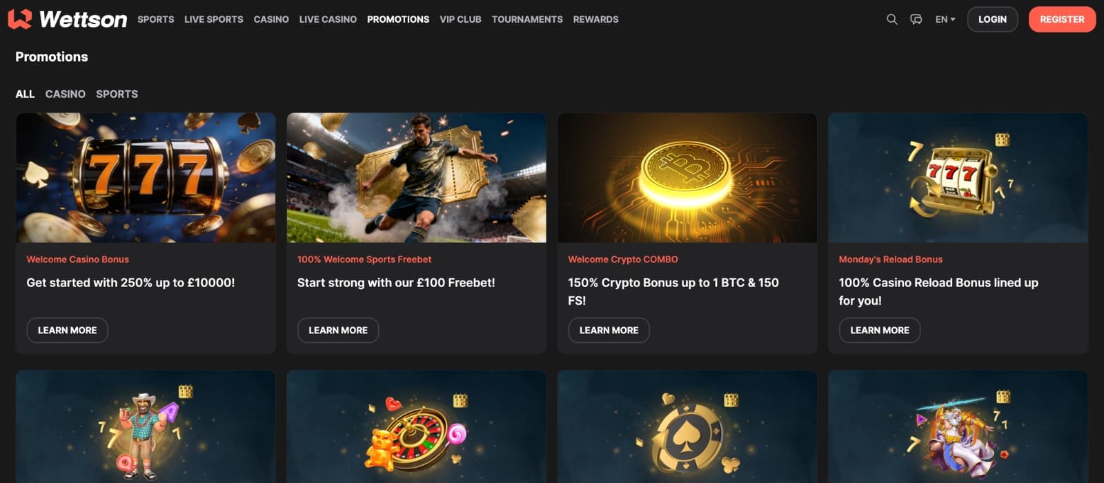 Wettson Casino bonus page showing deposit offers, free spins and promotions