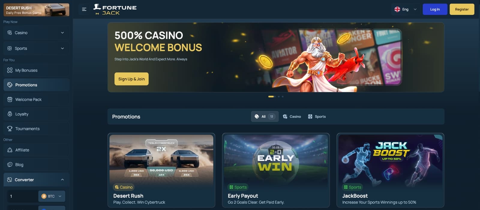FortuneJack Casino promotions page displaying welcome package up to 200000 USDT, free spins and VIP rewards