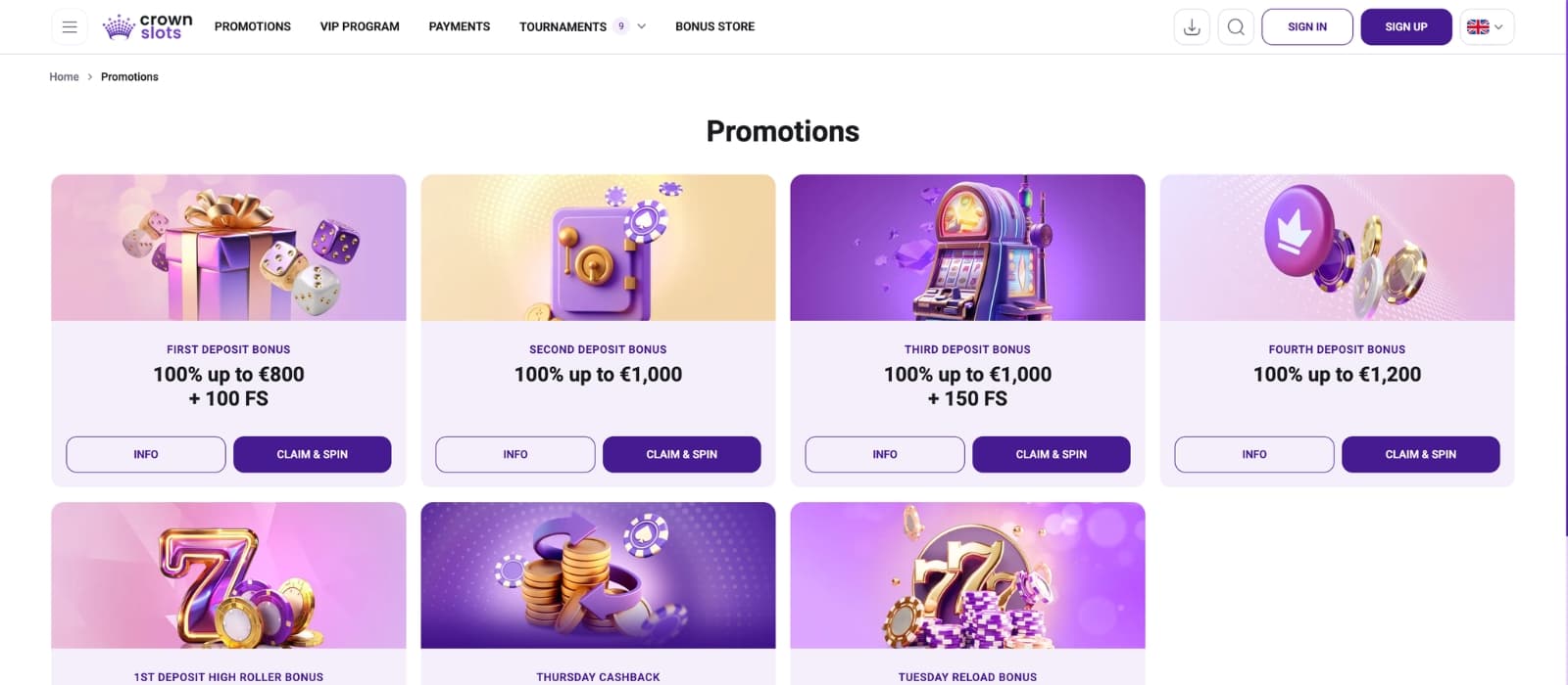 Overview of CrownSlots casino bonus options including terms and claim buttons