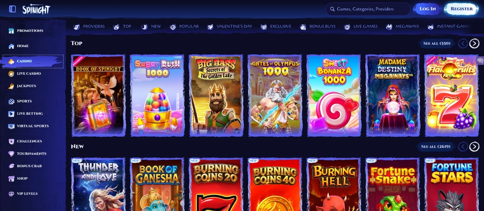 Spinight casino game lobby with slot and live game thumbnails