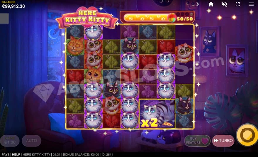 Bonus game with a 2X2 special cat symbol on the reels.