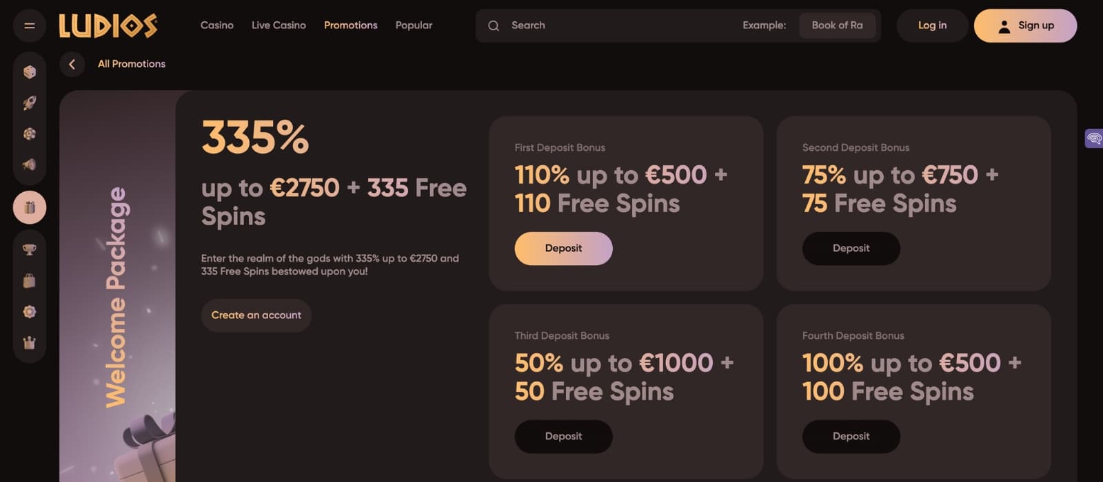 Ludios.io bonus page displaying welcome bonus details and free spins offers