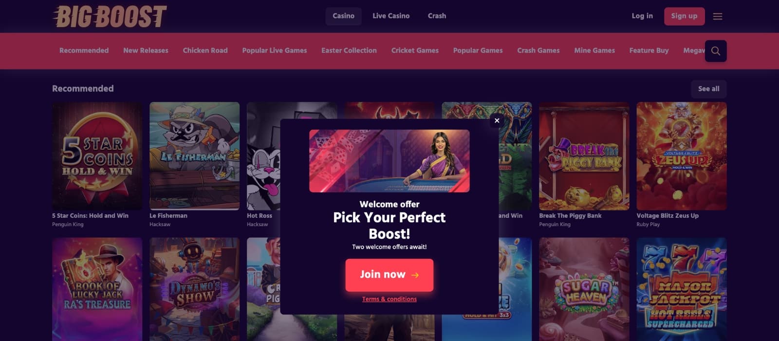 BigBoost Casino promotions page displaying deposit bonus, free spins and VIP rewards