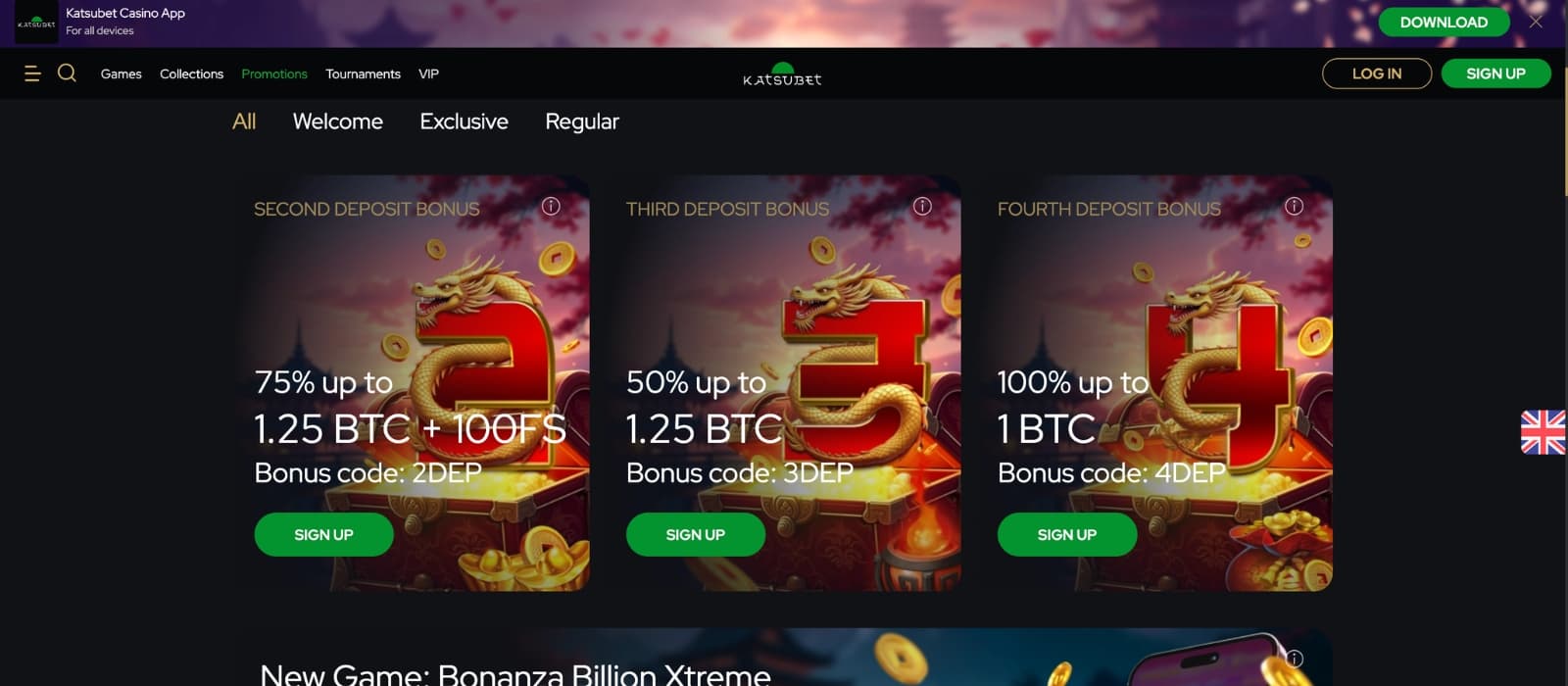 KatsuBet Casino promotions page displaying deposit bonuses, free spins offers, and VIP rewards