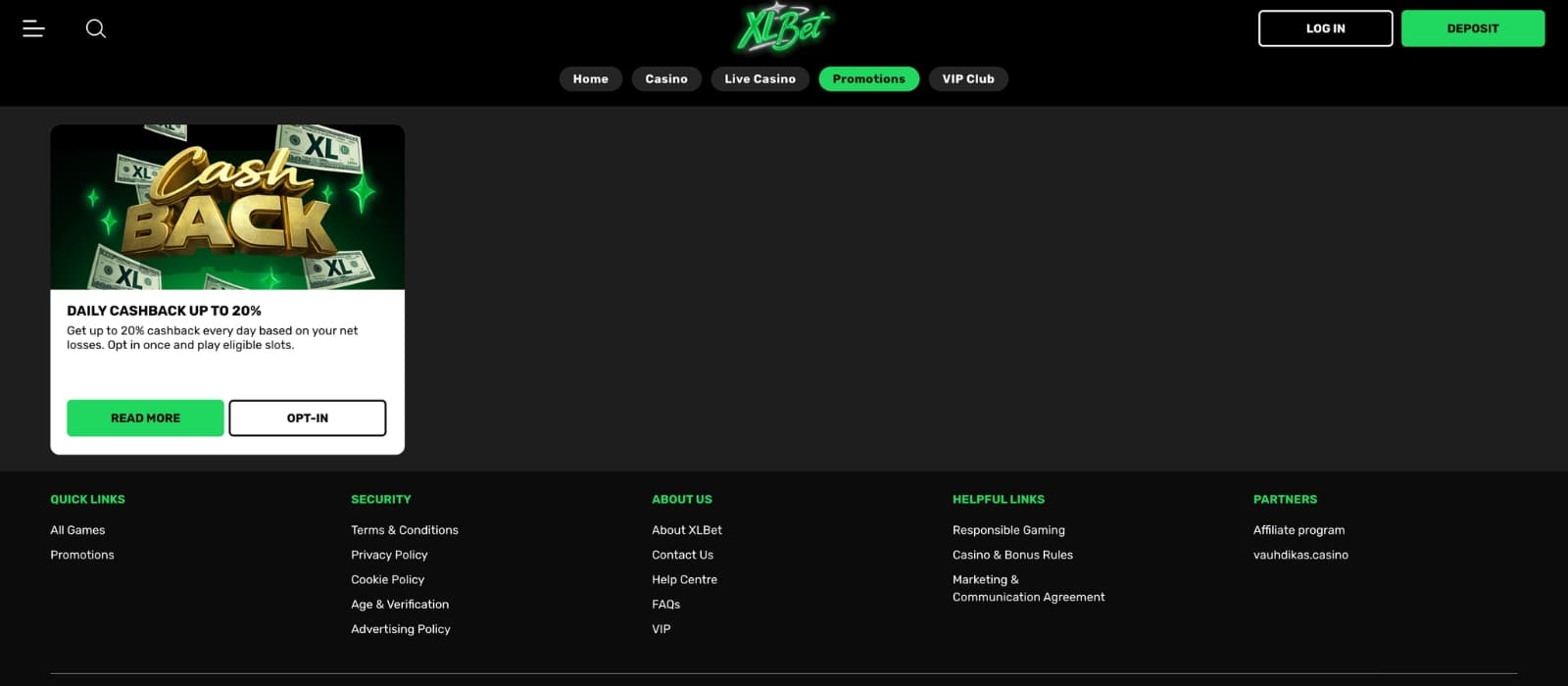 XLBet Casino bonus page displaying deposit match offer and free spins promotion