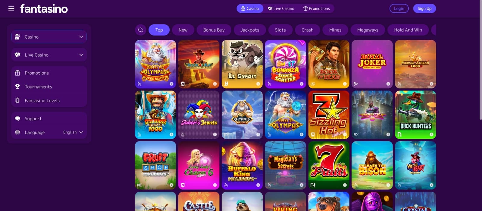 Fantasino Casino lobby showing slots, live casino tables and multiple game providers