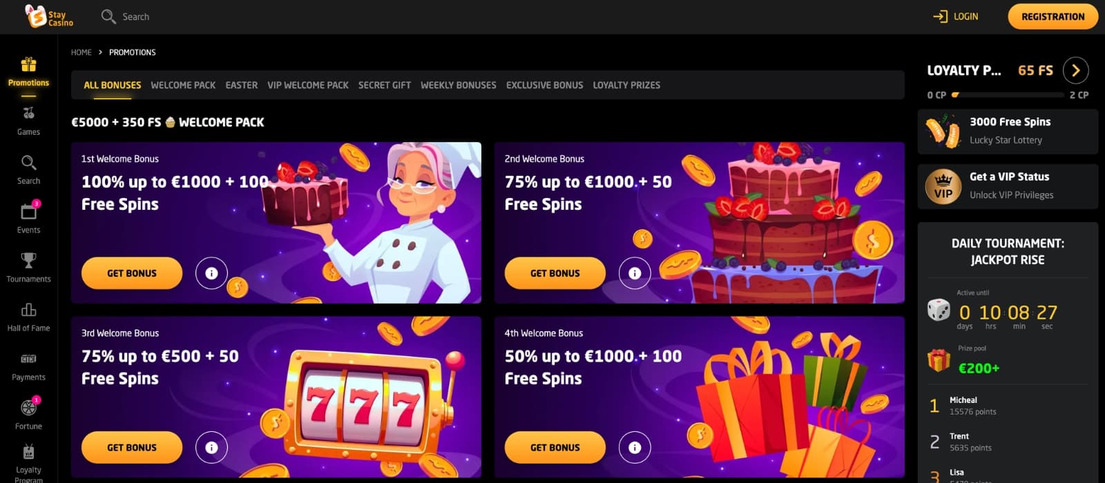 Stay Casino promotions page displaying multi-deposit welcome bonus and free spins offers