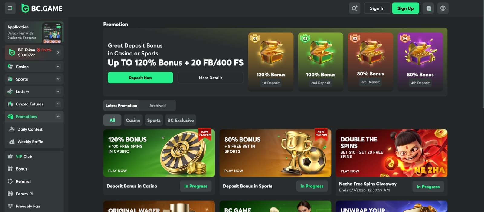 BC.Game casino lobby displaying slots, table, and live games