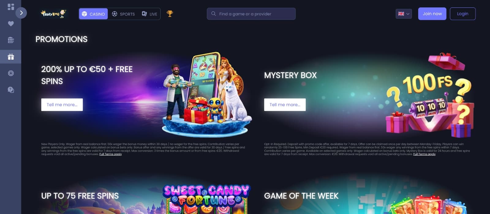 Fruity King Casino promotions page displaying deposit match bonus and free spins offer