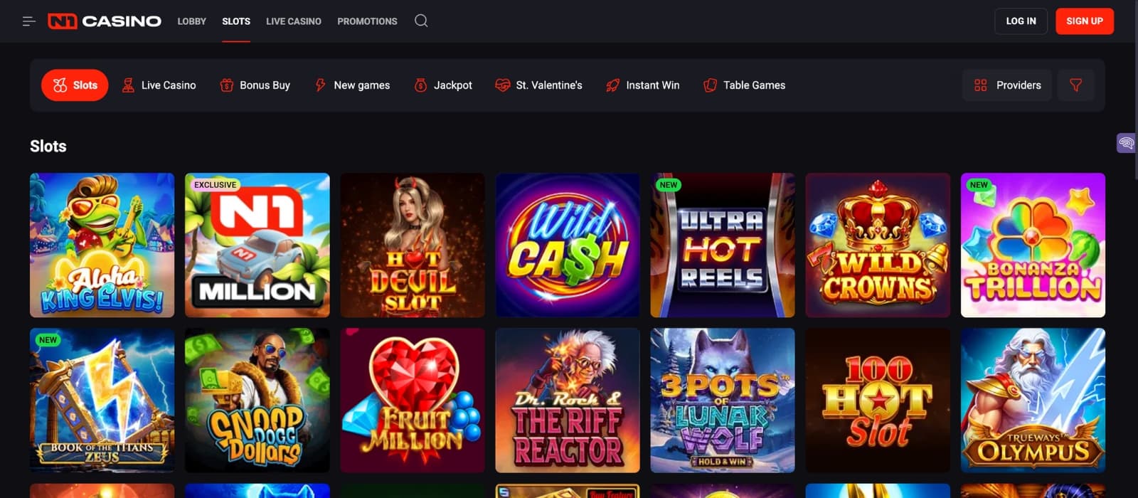 Live casino and table game selection on N1 Casino with filters and search