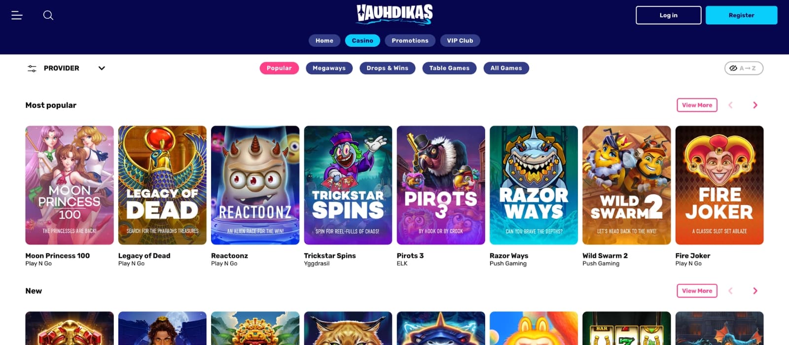 Vauhdikas Casino lobby showing slots, live dealer games and categorized providers