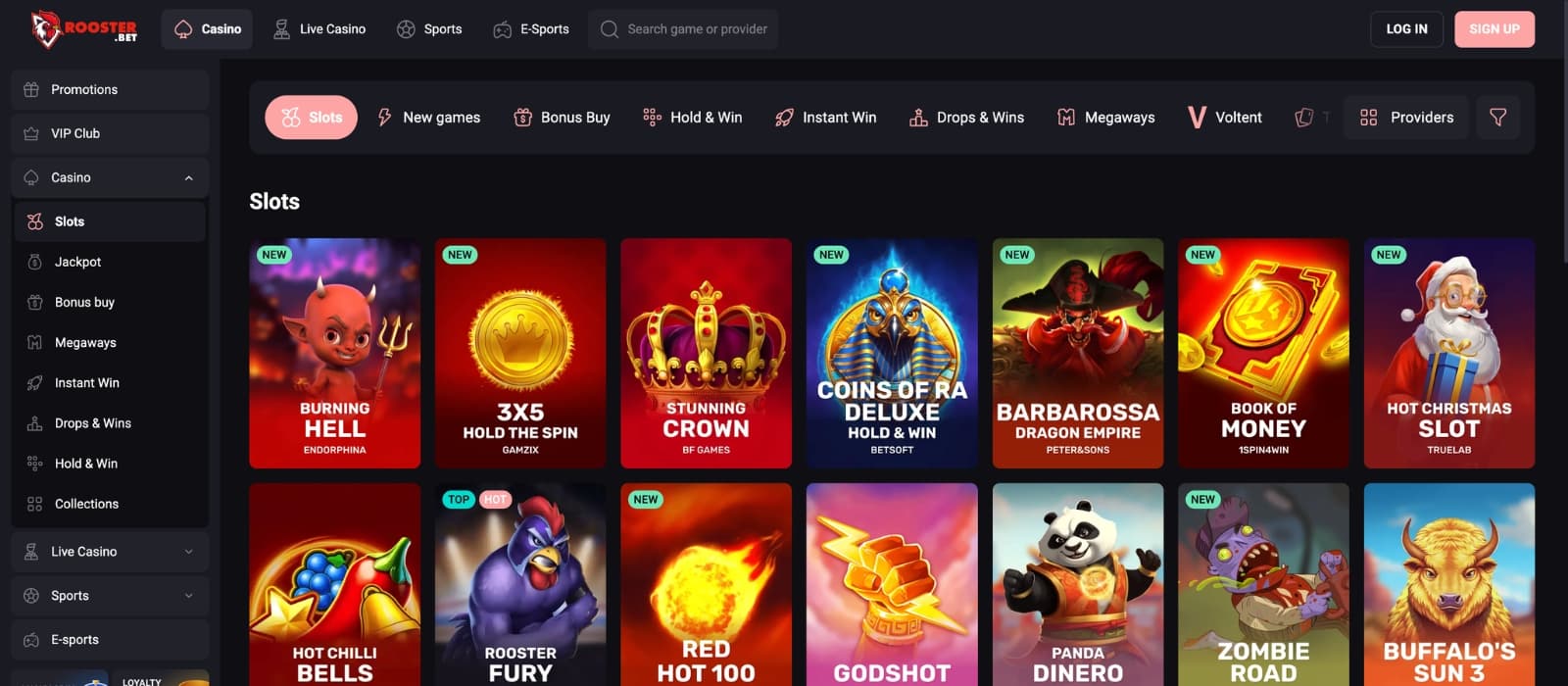 Live table games and digital casino selection on Roosterbet with search and filter tools