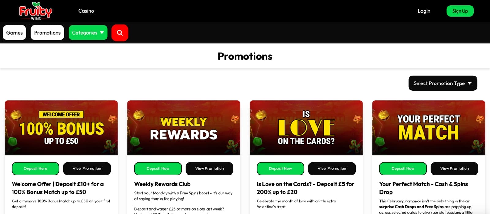 Promotions section on FruityWins with deposit bonuses and reload offers