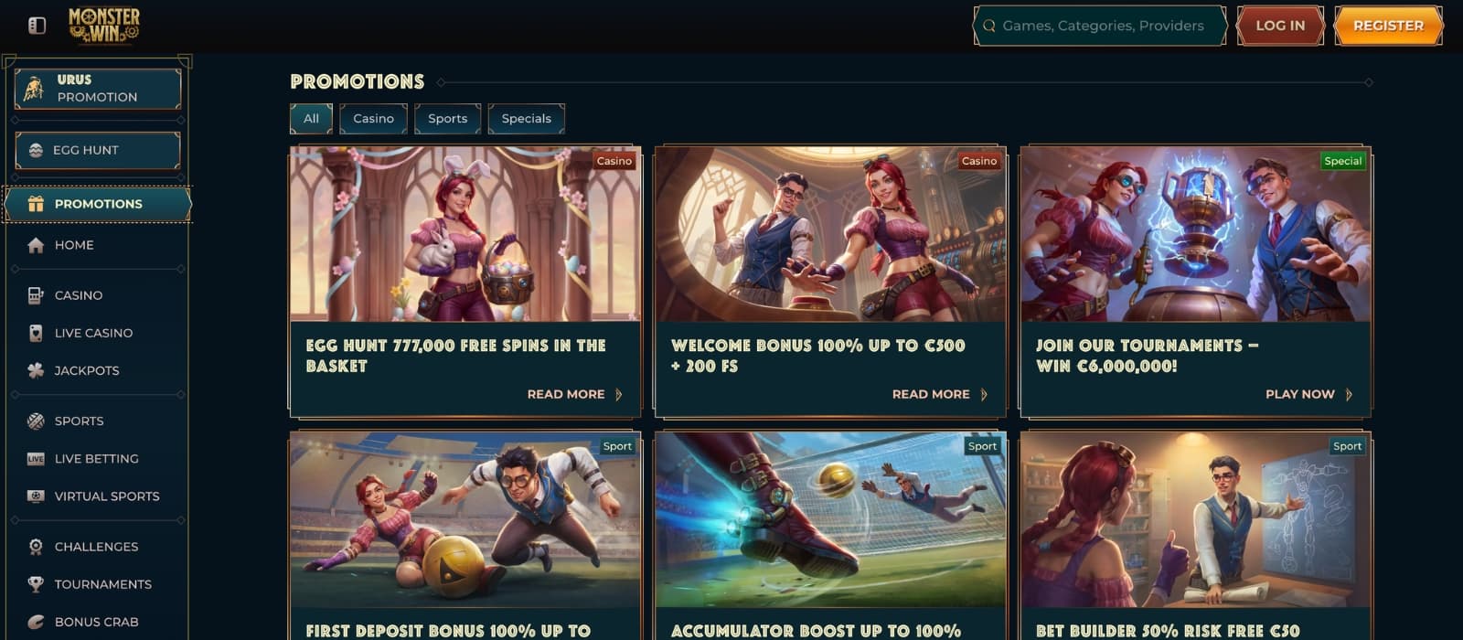 MonsterWin casino bonus page showing welcome offer and free spins promotion