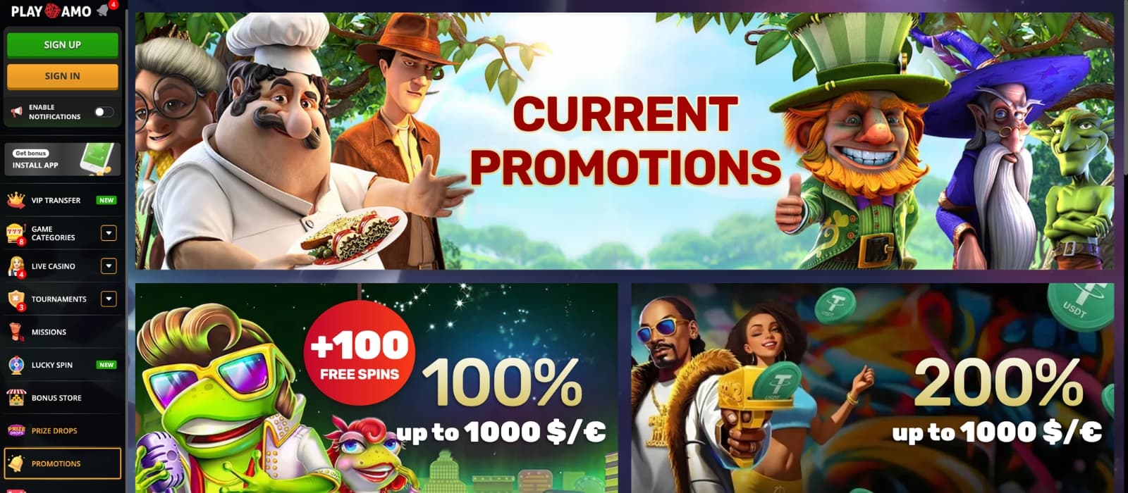 PlayAmo Casino promotions page displaying deposit bonuses, cashback and tournament offers