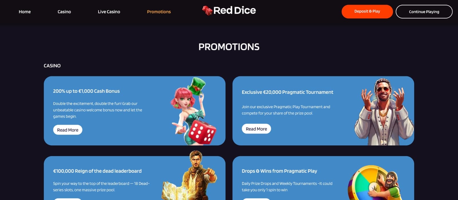 Red Dice Casino bonus page displaying deposit match offers and free spins promotions