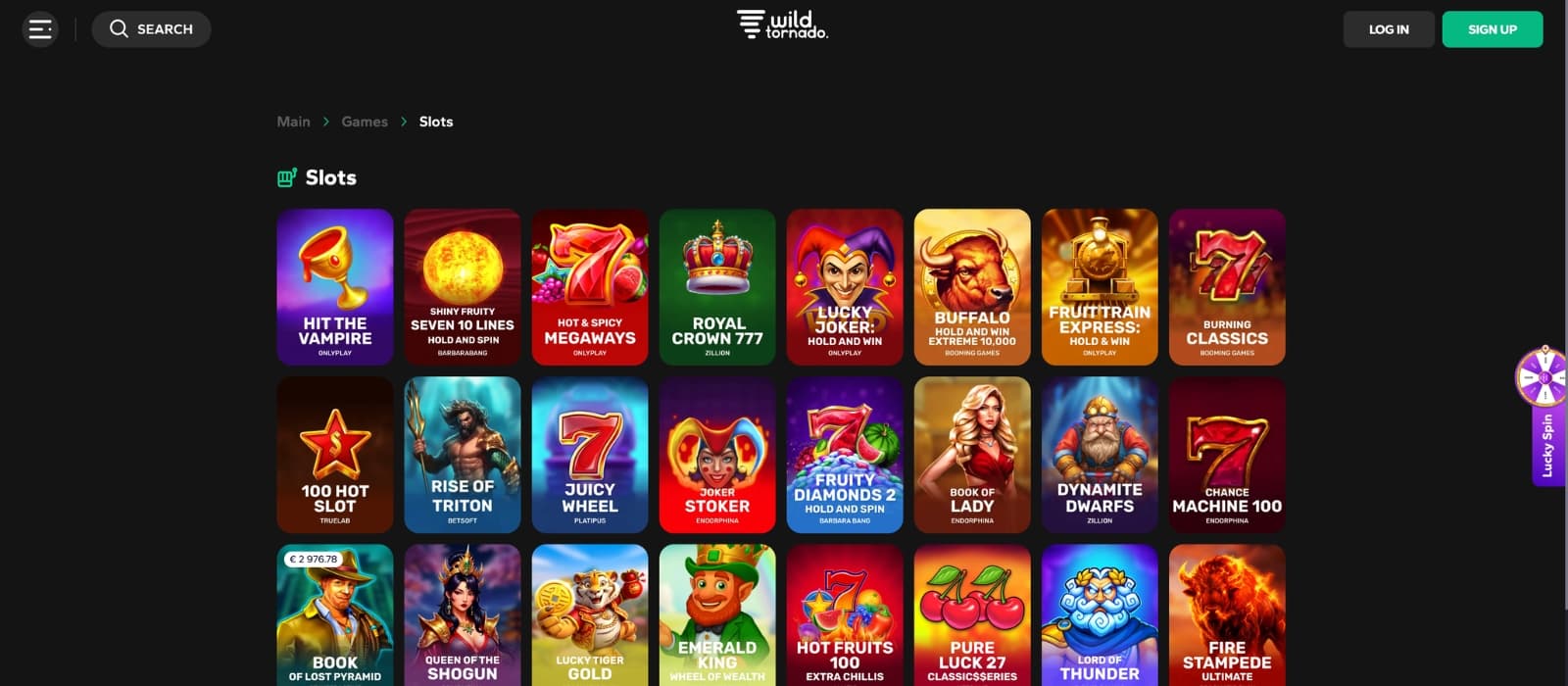 Slot play screen on WildTornado showing spinning reels and betting controls