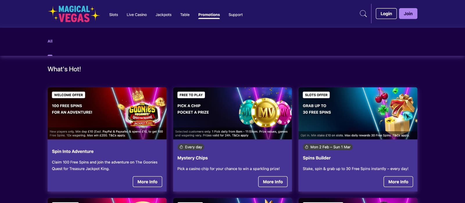 Megical Vegas bonus page showing welcome deals and free spin offers