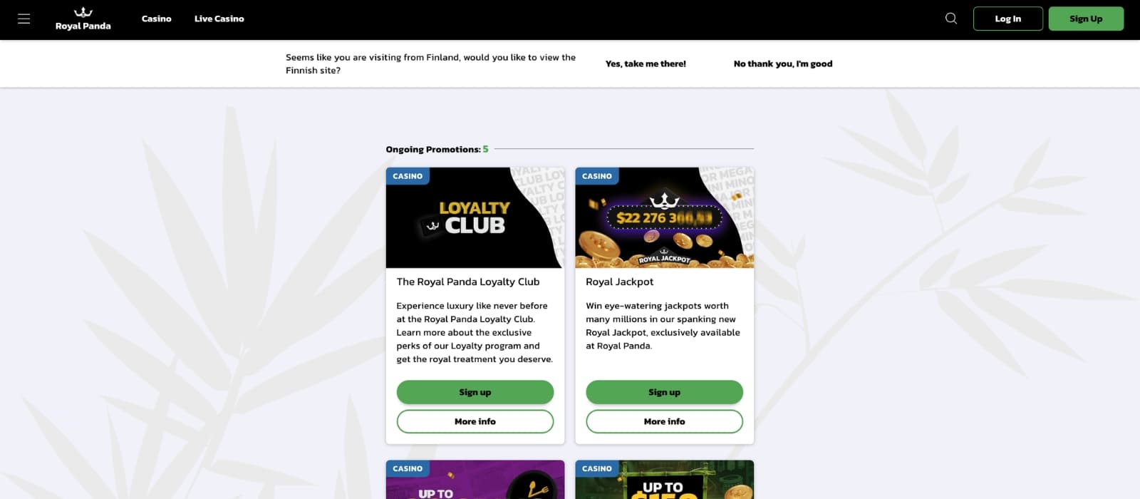 Royal Panda Casino promotions page displaying deposit match bonus and free spins offers