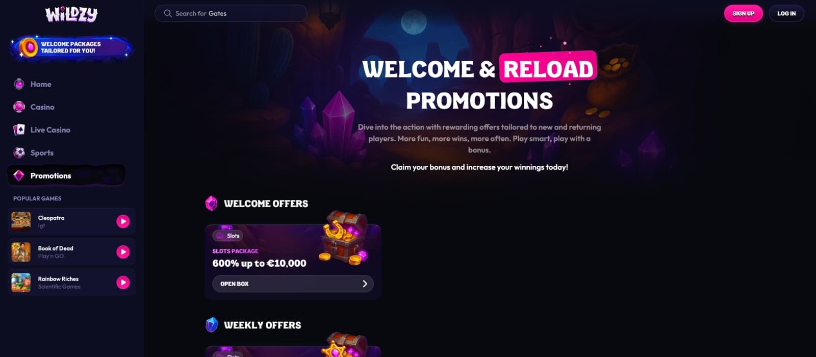 Wildzy Casino bonus page displaying high percentage welcome offer and promotional details