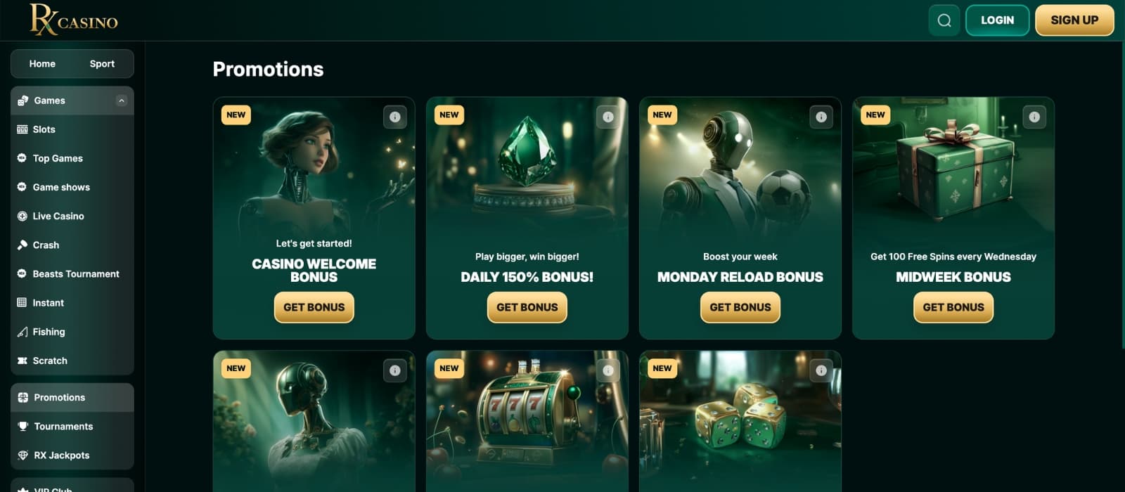 RX Casino bonus page displaying deposit match offers, free spins and promotional terms