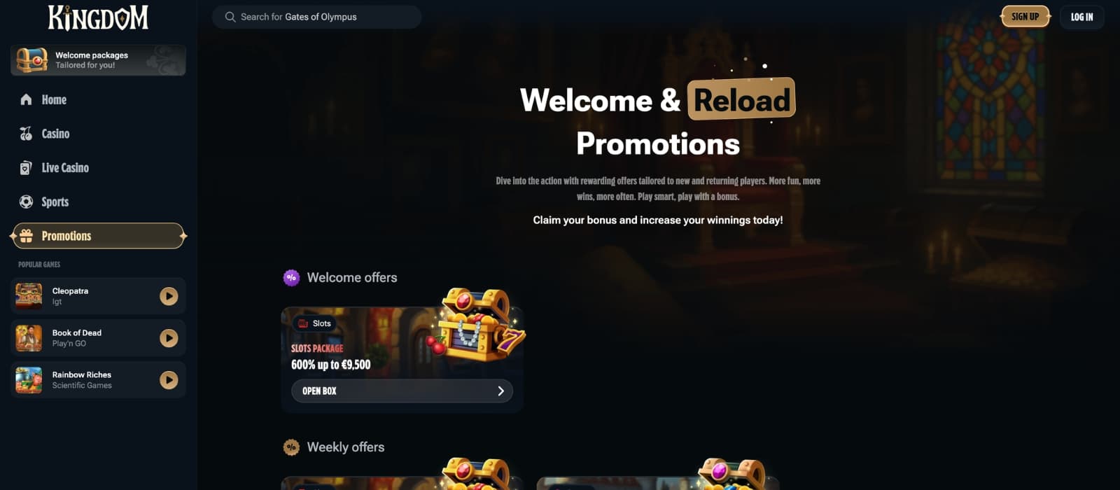 Kingdom Casino bonus page showing multi-deposit welcome offer with free spins