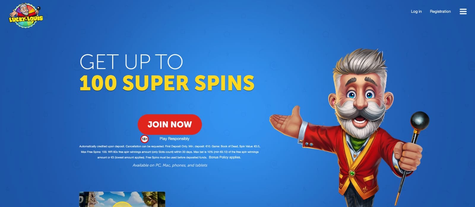 Landing screen of LuckyLouis online casino showing deals and menu options