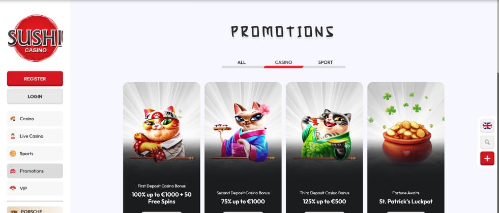 sushi casino promotions page with japanese cat mascottes
