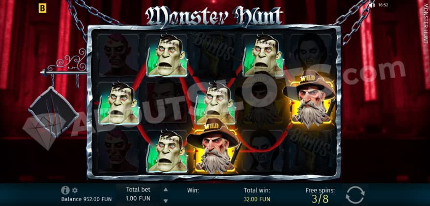 Free Spins bonus game with winning lines of Frankenstein and Wild symbols.