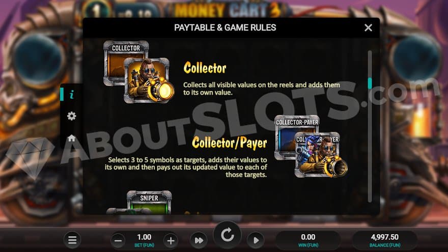 A paytable describing the actions of the Collector and the Collector/Payer.