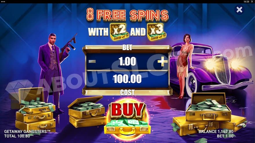 A menu offering the Free Spins for 100X the bet.
