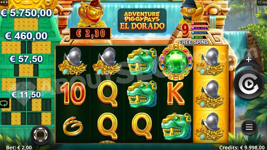 Five reels with symbols in front of a waterfall. 