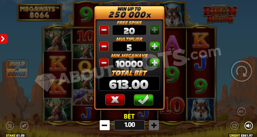 Build A Bonus with options to select the amount of free spins, multiplier and ways to win.